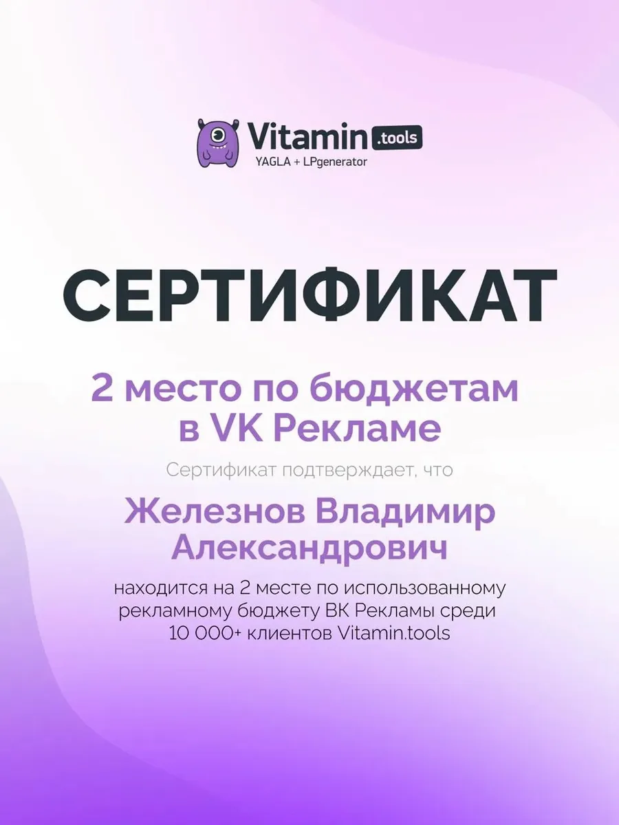 Сертификат Vitamin.tools: 2 место по бюджетам в VK Рекламе